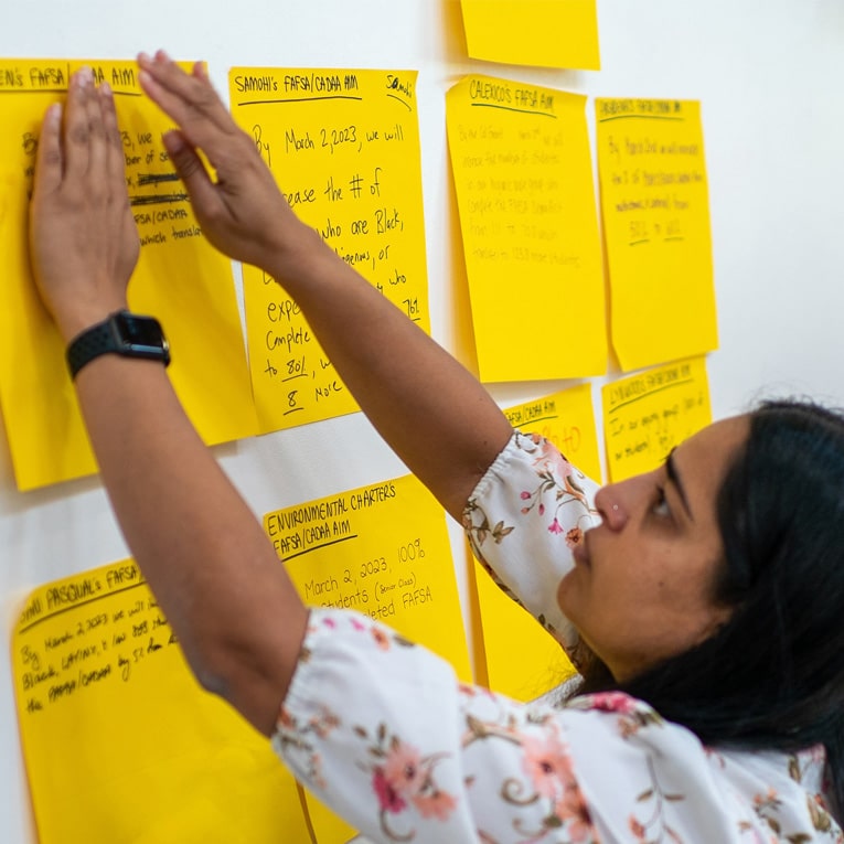 A woman in a floral shirt attaches a yellow note to a wall covered with other yellow notes containing handwritten text. She is focused on arranging the notes, which appear to be part of a brainstorming or planning session.