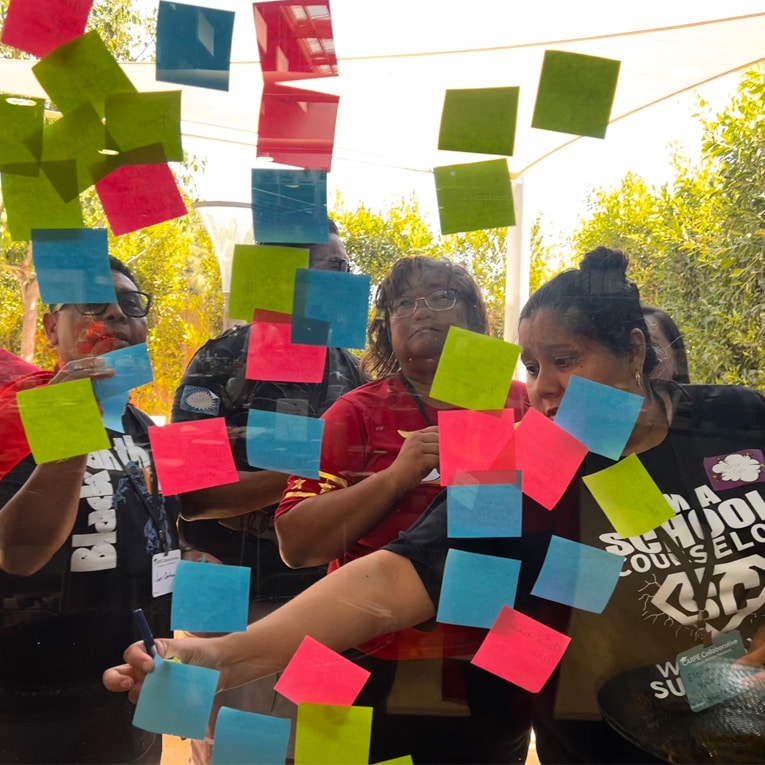 A group of people stand behind a glass wall covered in colorful sticky notes, writing and discussing ideas. Trees are visible outside in the background.