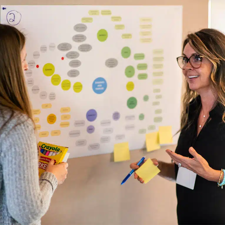 Two women stand in front of a whiteboard covered with colorful sticky notes and a mind map, discussing ideas. One holds markers and sticky notes, while the other gestures with a pen, both appearing engaged in conversation.