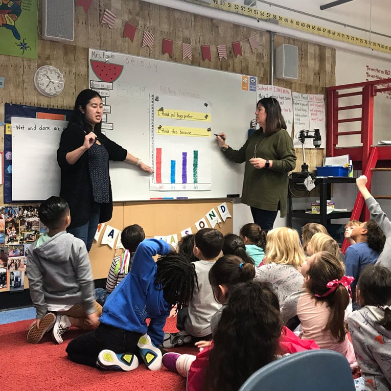 Two teachers stand at the front of a classroom beside a chart and whiteboard, engaging a group of young students who are seated on the carpet, some raising their hands to answer questions.