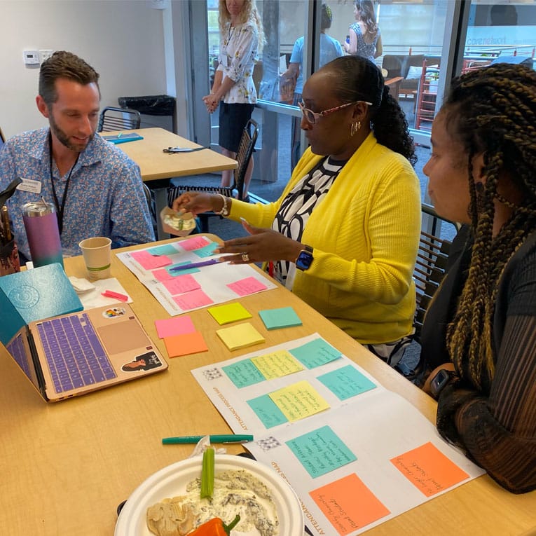 Three people sit around a table covered with colorful sticky notes and worksheets, discussing ideas. One woman gestures while speaking, and a laptop, notebooks, and snacks are visible on the table.