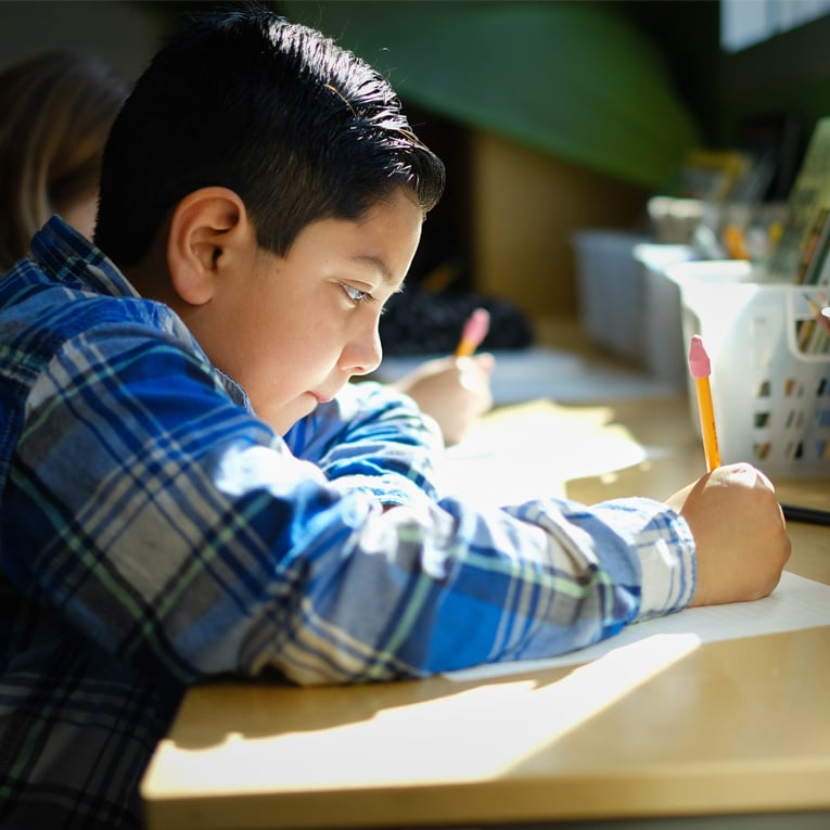 A young boy in a blue plaid shirt writes with a pencil at a sunlit desk in a classroom, focused on his work. Another student is blurred in the background.