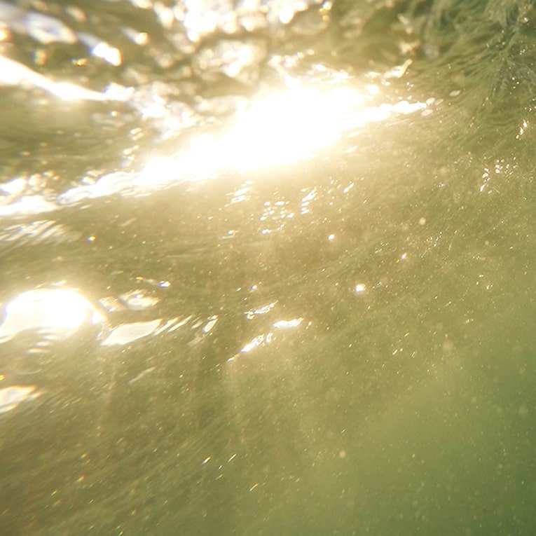 Underwater view with sunlight streaming through the surface, creating a golden, hazy effect and illuminating bubbles and particles—capturing the quiet beauty of nature’s resilience, echoing themes of cultural resistance beneath White dominant culture.