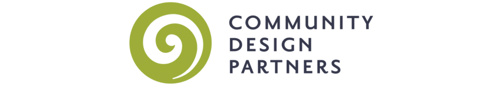 A green spiral logo next to the words “Community Design Partners” in uppercase, dark gray letters on a white background.