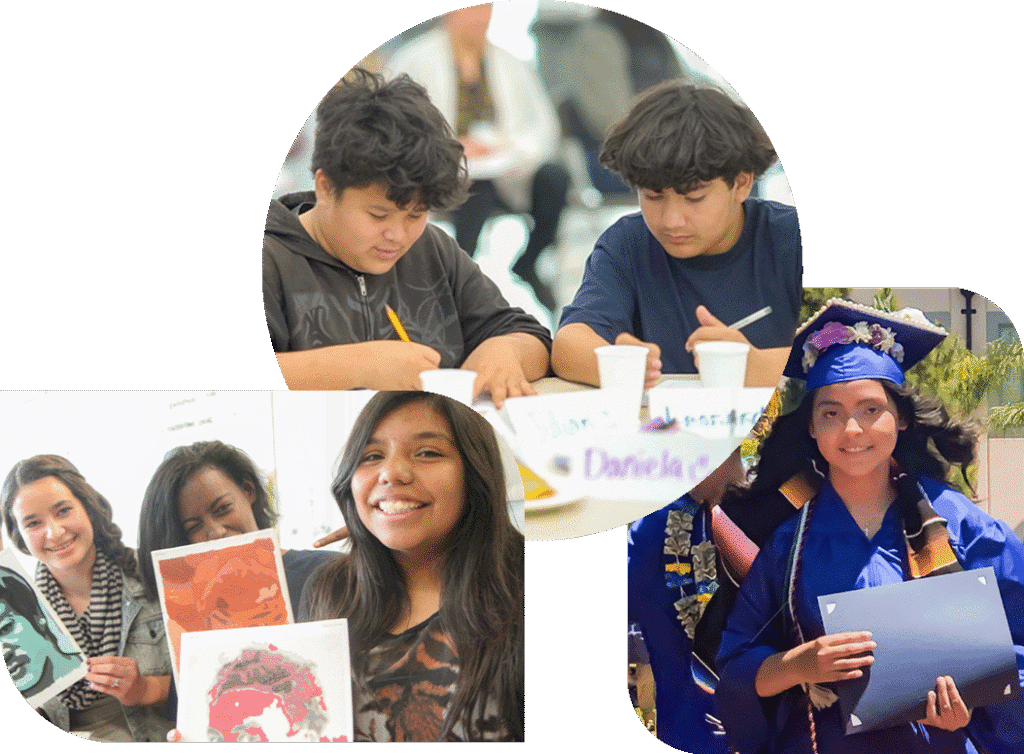 A collage shows: two boys drawing together, two girls smiling and holding up art in priority areas, and a student in a graduation cap and gown holding a diploma outdoors.
