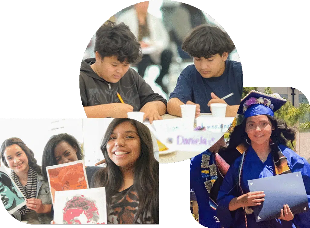 A collage shows: two boys drawing together, two girls smiling and holding up art in priority areas, and a student in a graduation cap and gown holding a diploma outdoors.