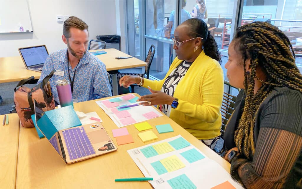 Three people sit at a table, discussing and arranging colorful sticky notes on paper. A laptop and pens are on the table, suggesting they are exploring continuous improvement resources. Large windows reveal others outside. The mood appears collaborative and focused.