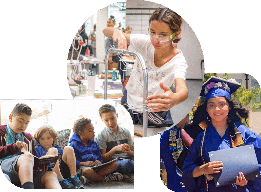 A collage showing children reading together, a young person working on a science project, and a graduate in a cap and gown holding a diploma, representing stages of education and learning.
