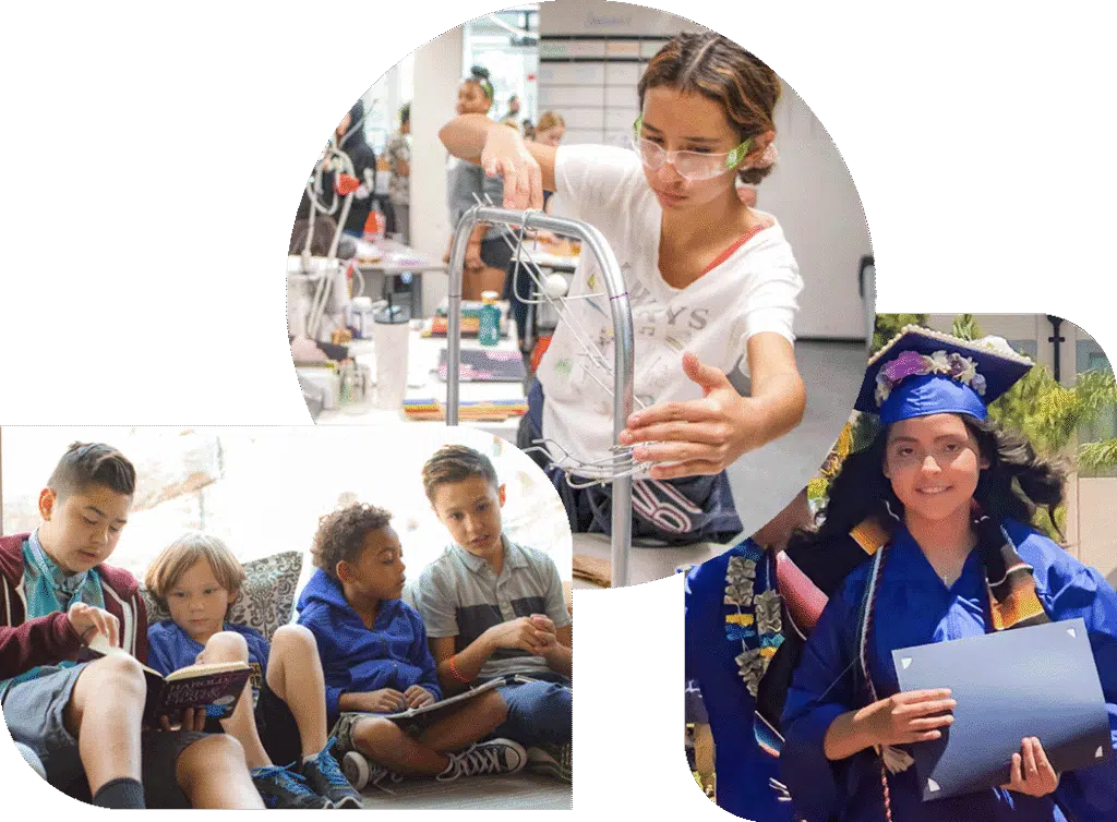 A collage showing children reading together, a young person working on a science project, and a graduate in a cap and gown holding a diploma, representing stages of education and learning.