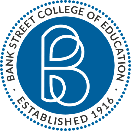 Circular logo for Bank Street College of Education, established 1916, with a large stylized white “B” on a blue background, surrounded by the college name and dotted border.