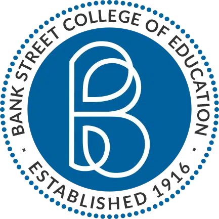 Circular logo for Bank Street College of Education, established 1916, with a large stylized white “B” on a blue background, surrounded by the college name and dotted border.