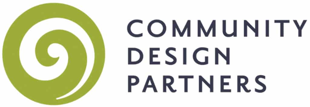 A green spiral logo is on the left. To the right, the words Community Design Partners are stacked in dark, bold uppercase letters, reflecting a focus on Community Development against a white background.