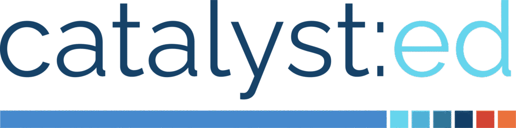 The image shows the word catalyst:ed in lowercase, with catalyst: in dark blue and ed in light blue, above a horizontal bar with seven small colored squares on the right end.