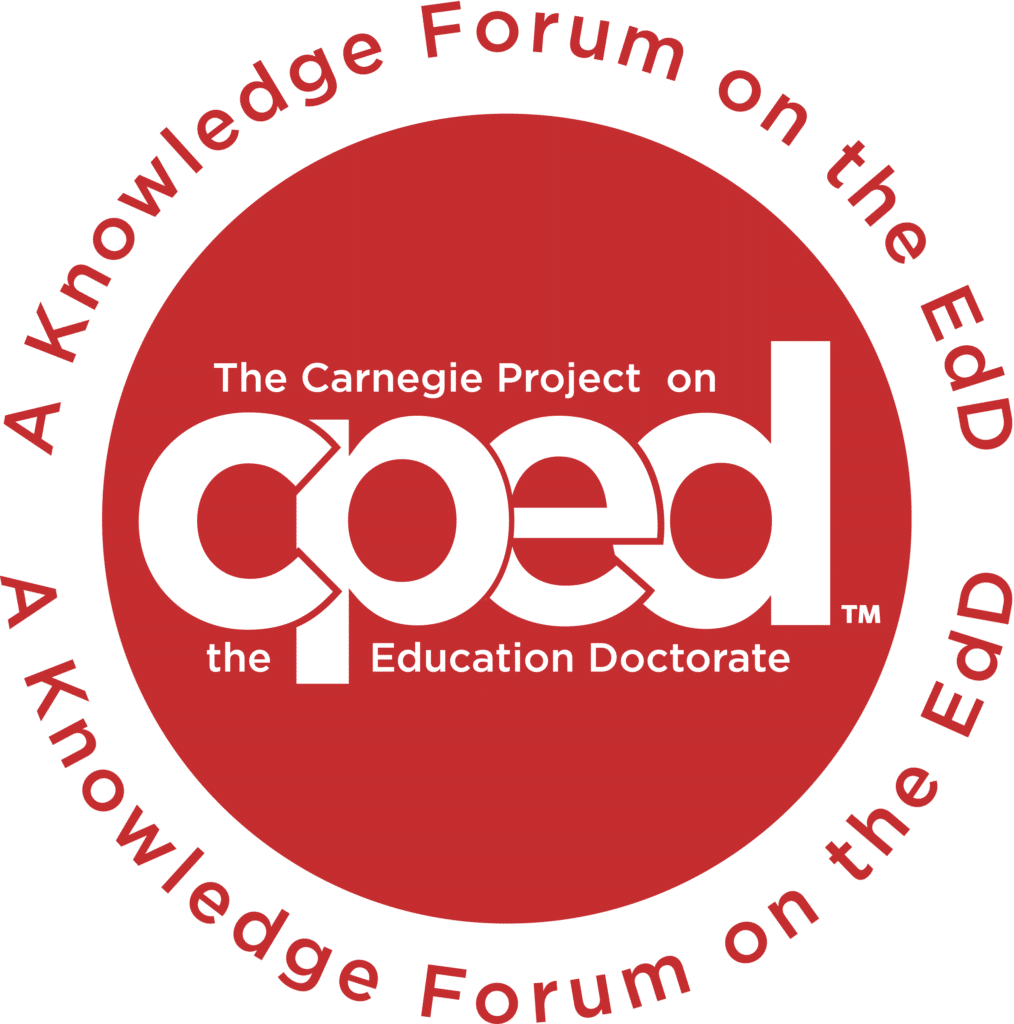 Logo for the Carnegie Project on the Education Doctorate (CPED) featuring white text on a red circle, with the phrase A Knowledge Forum on the EdD around the outer edge.