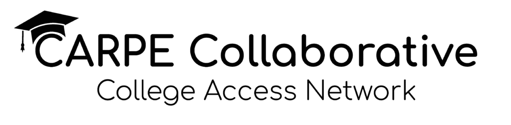 Logo for CARPE Collaborative College Access Network, featuring the organizations name in bold text with a graduation cap graphic above the letter C in CARPE.