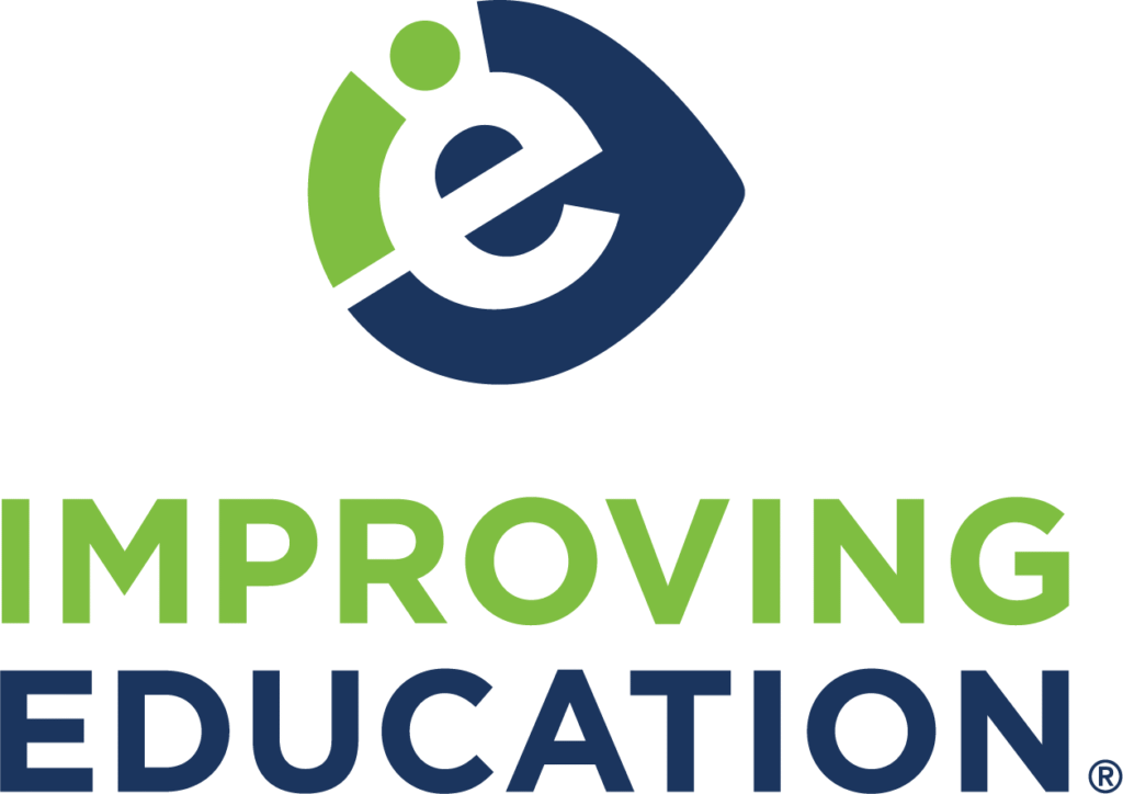 Logo featuring a stylized lowercase e inside a circular shape, with IMPROVING EDUCATION written in bold green and blue letters below.