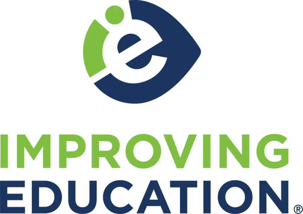 Logo featuring a stylized lowercase e inside a circular shape, with IMPROVING EDUCATION written in bold green and blue letters below.