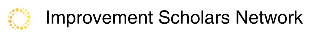 Logo for Improvement Scholars Network, featuring the organization’s name in black text with a circular pattern of yellow and orange dots on the left side.