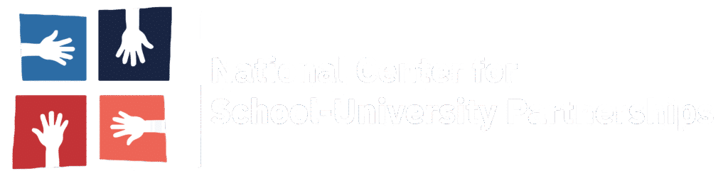 Logo for the National Center for School-University Partnerships with four squares, each containing a different white hand on a blue or red background, next to the organization’s name in white text on a black background.