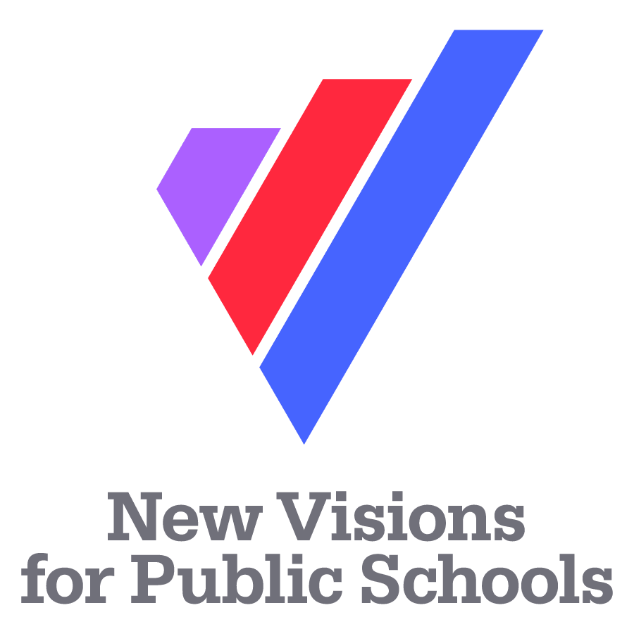 Logo with three diagonal bars—purple, red, and blue—forming a stylized V above the words New Visions for Public Schools in bold gray text.