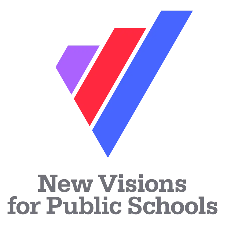 Logo with three diagonal bars—purple, red, and blue—forming a stylized V above the words New Visions for Public Schools in bold gray text.