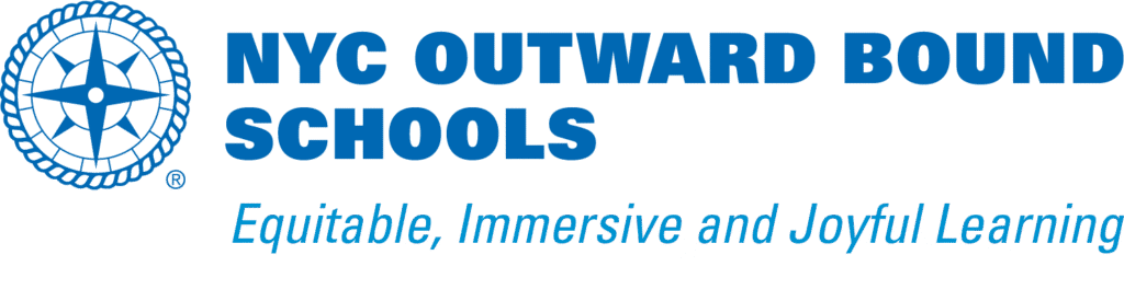 NYC Outward Bound Schools logo with a blue compass symbol and the text: NYC Outward Bound Schools. Equitable, Immersive and Joyful Learning.