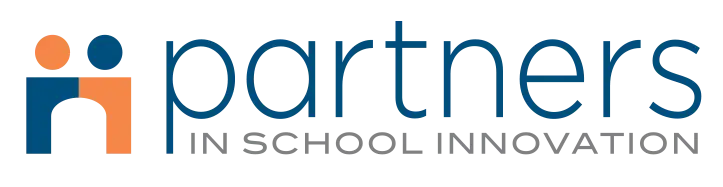 Logo for Partners in School Innovation, featuring two abstract human figures in orange and blue on the left, with the organization’s name written to the right.