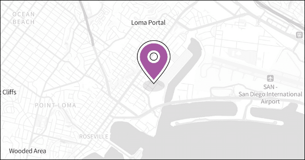 Map showing Loma Portal and surrounding areas in San Diego, with a large purple location pin marking a site near the San Diego International Airport and waterfront—an area known for strong education initiatives and Deeper Learning opportunities.