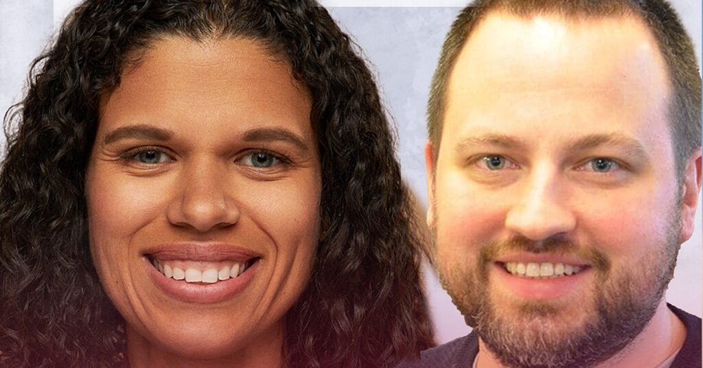 A woman with curly dark hair and a man with short light brown hair and a beard, both smiling and facing forward against a neutral background, exemplify enthusiasm often seen in Teach Plus math instruction.