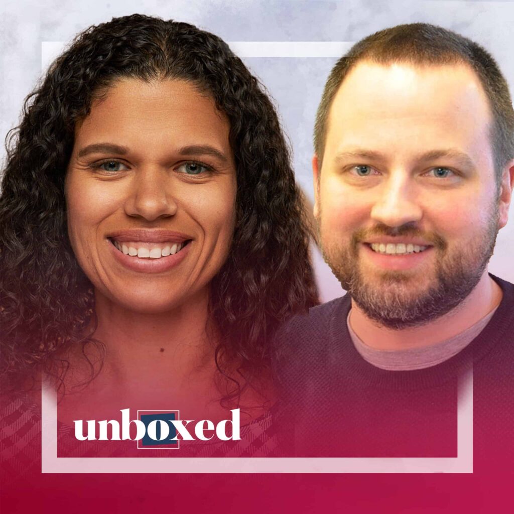 Two people, one woman with curly hair and one man with short hair and a beard, smiling at the camera. The word unboxed appears at the bottom over a red gradient background, highlighting Teach Plus and its impact on transforming education.