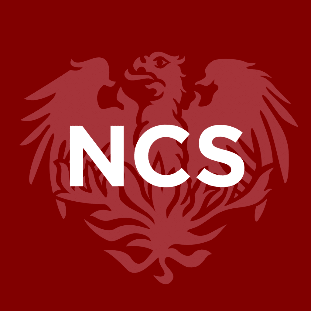 A maroon background with a stylized, light red phoenix design. The bold white letters NCS are centered over the phoenix.