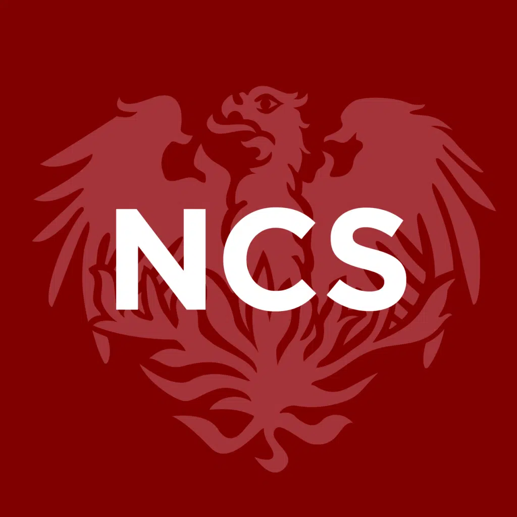A maroon background with a stylized, light red phoenix design. The bold white letters NCS are centered over the phoenix.