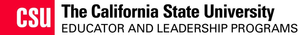 The image shows the logo for The California State University Educator and Leadership Programs, with CSU in white letters on a red background and the program name in black text on a white background.