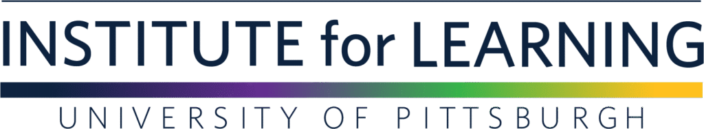 Logo for the Institute for Learning at the University of Pittsburgh, featuring the institutes name above a horizontal gradient bar shifting from purple to yellow, with the university name below in uppercase.