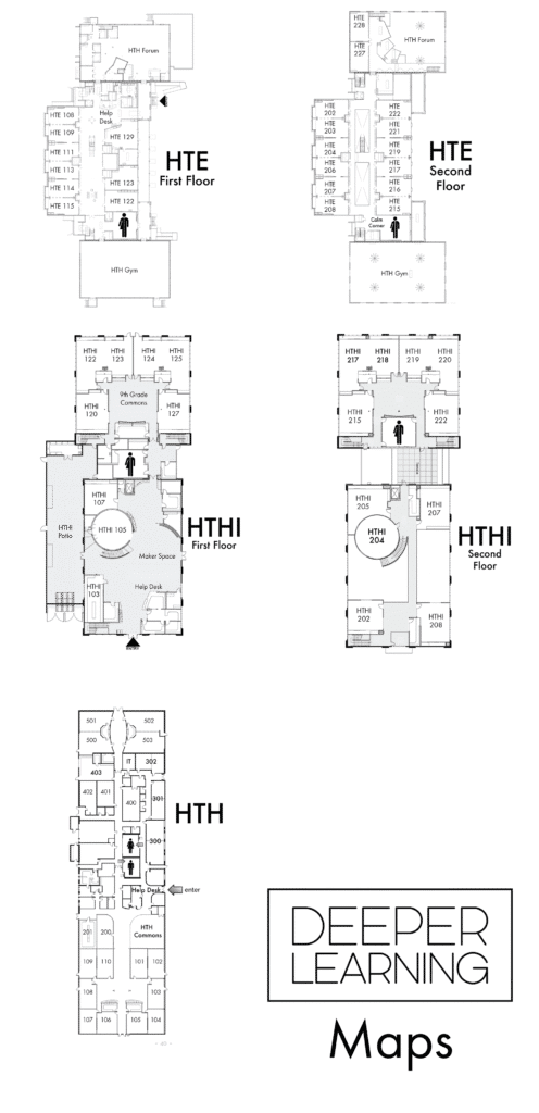 Black and white floor plans for HTE, HTHI, and HTH schools, each showing different floors. Deeper Learning Maps is written at the bottom right corner, highlighting these as valuable Deeper Learning Resources.