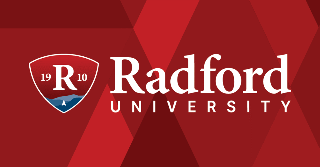 Radford University logo with a red geometric background, featuring a shield with R, 1910, and blue waves, alongside the words Radford University in white text.