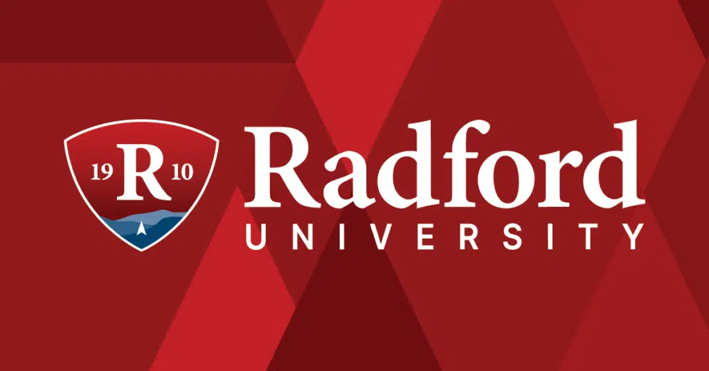 Radford University logo with a red geometric background, featuring a shield with R, 1910, and blue waves, alongside the words Radford University in white text.