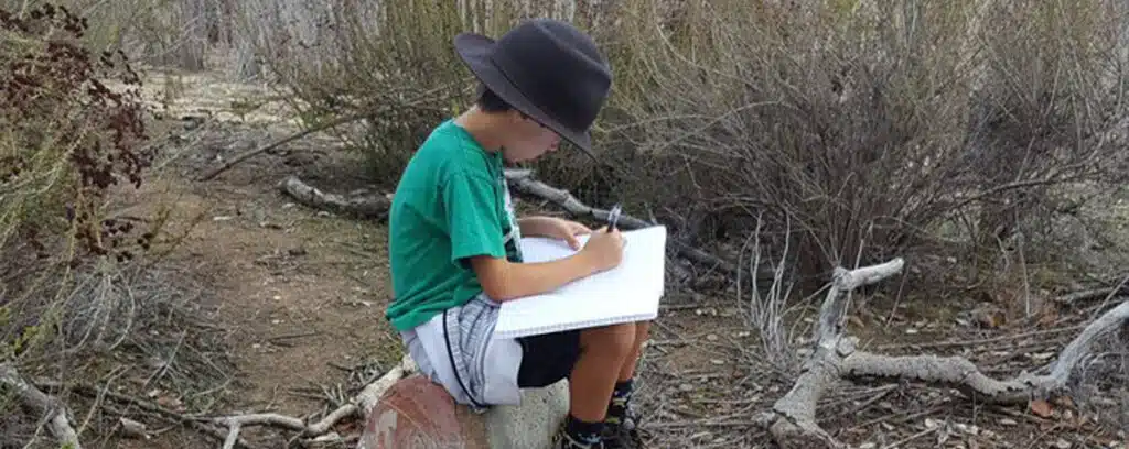 A child wearing a wide-brimmed hat and green shirt sits on a rock outdoors, busy with improvement work or crafting an awesome story in a large notebook, surrounded by dry bushes and branches.