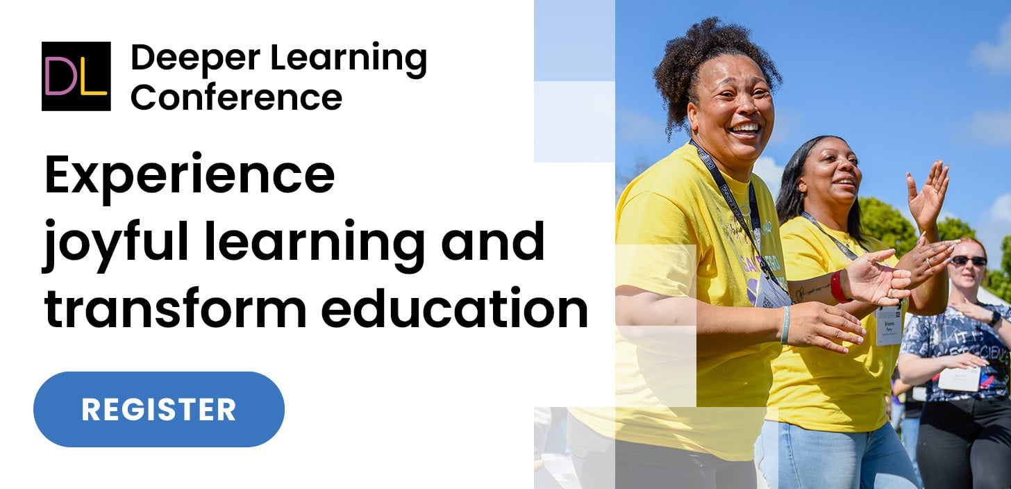 A group of smiling people in yellow shirts enjoy an outdoor activity at the Deeper Learning 2026 Conference. Text reads: Experience joyful learning and transform education. Register.