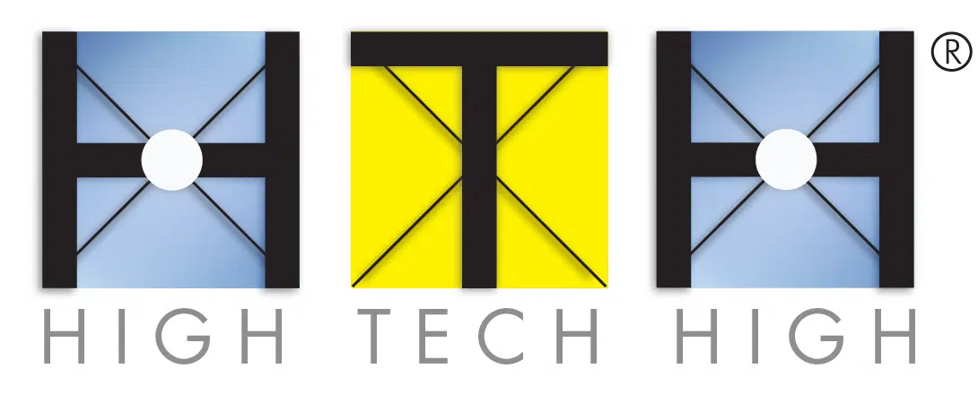 Logo with three geometric shapes resembling the letters “H,” “T,” and “H.” The middle shape has a yellow background; the others are blue. Below are the words “High Tech High” in gray capital letters.