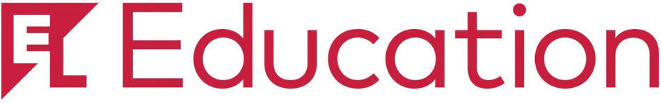 Logo with the word Education in red font. To the left of the word is a red geometric symbol resembling an abstract letter E within a stylized arrow or flag shape. White background.