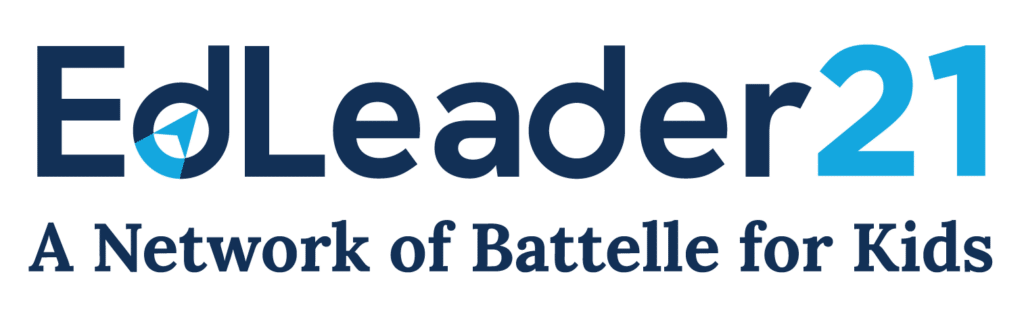 Logo for EdLeader21, featuring the text EdLeader21 with a circular graphic in the E, and the subtitle A Network of Battelle for Kids below in blue letters.