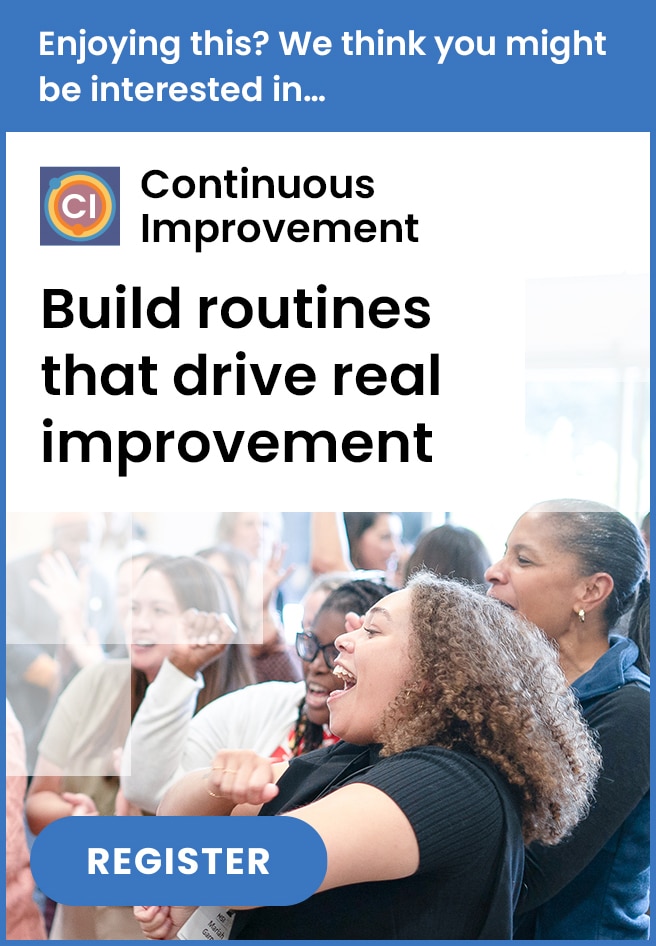 A group of people cheer and celebrate together. Text reads: Continuous Improvement. Build routines that drive real improvement. A blue button at the bottom says REGISTER.