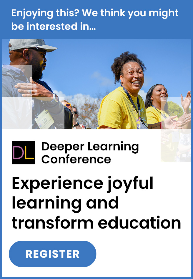 A group of smiling people wearing yellow shirts interact outdoors. Banner text promotes the 2026 Deeper Learning Conference, encouraging joyful learning, Mobile Learning innovation, and transformation in education, with a Register button below.