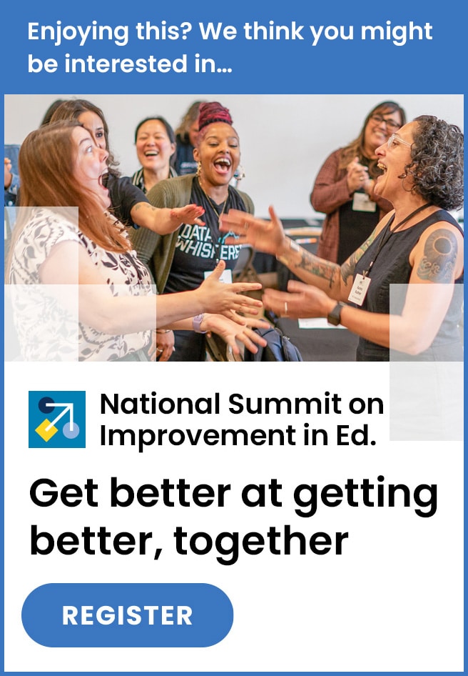 A diverse group of people stand in a circle, smiling and laughing enthusiastically. Text promotes the National Summit on Improvement in Education and invites users to register for the event.