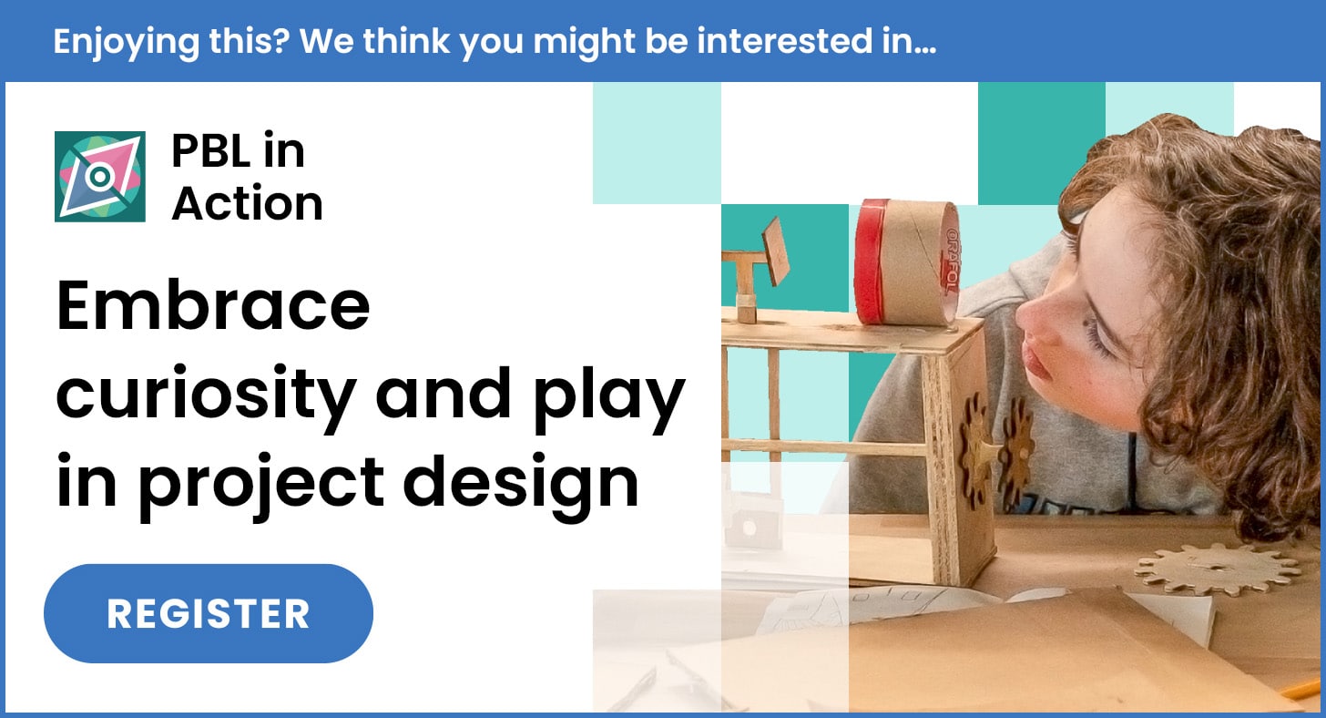 A child leans over a wooden project model, experimenting with its parts. Text reads: “PBL in Action. Embrace curiosity and play in project design.” A blue “Register” button is below the text.