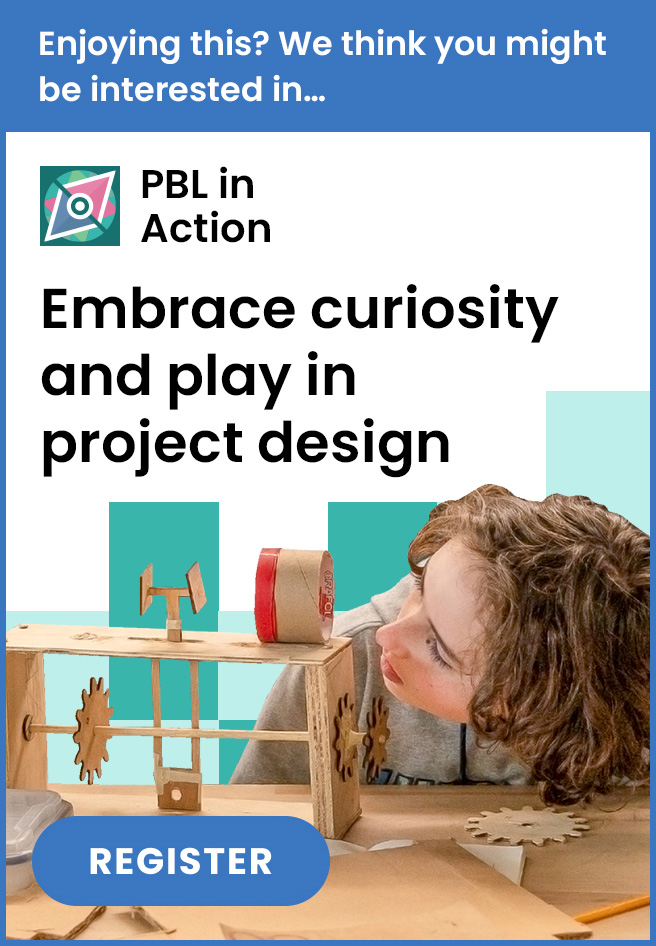 A young child with curly hair plays with a wooden engineering toy. Text reads, PBL in Action: Embrace curiosity and play in project design. A blue REGISTER button is at the bottom.