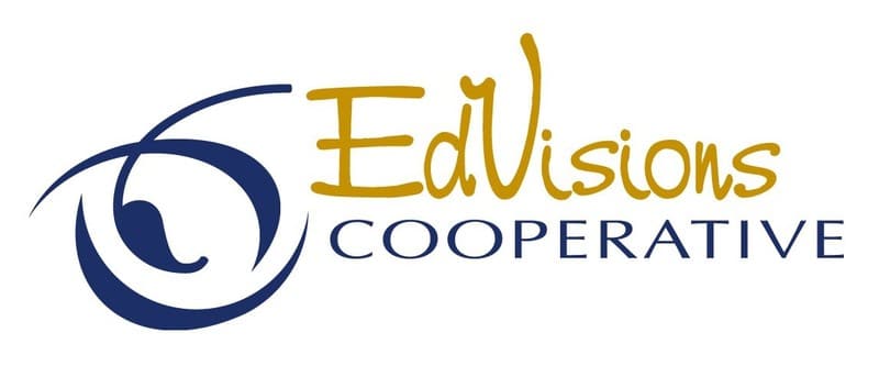 Logo for EdVisions Cooperative with a blue abstract design on the left and EdVisions written in gold script above COOPERATIVE in blue uppercase letters on a white background.