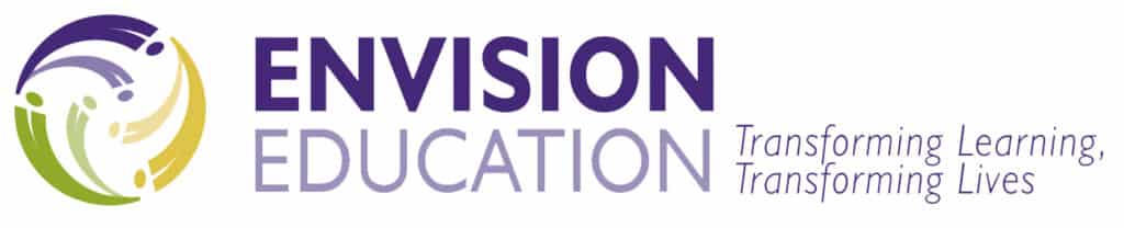 Envision Education logo with abstract circular figures on the left. Text reads: ENVISION EDUCATION Transforming Learning, Transforming Lives in purple and lavender font.