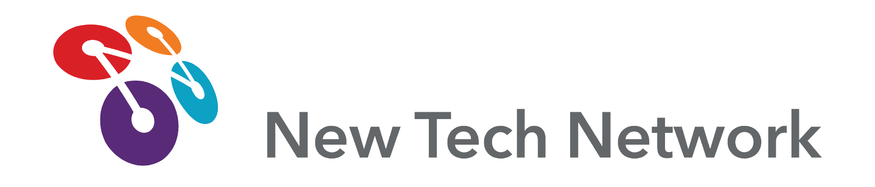 The New Tech Network logo features three connected, colorful circles (red, orange, and blue) with black lines, next to the gray text New Tech Network on a transparent background.